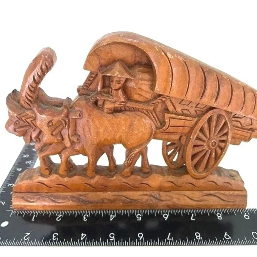 Vtg Artisan‎ Handcrafted Bullock Cart Oxen Rider Carving Wood Figurine Folk Art